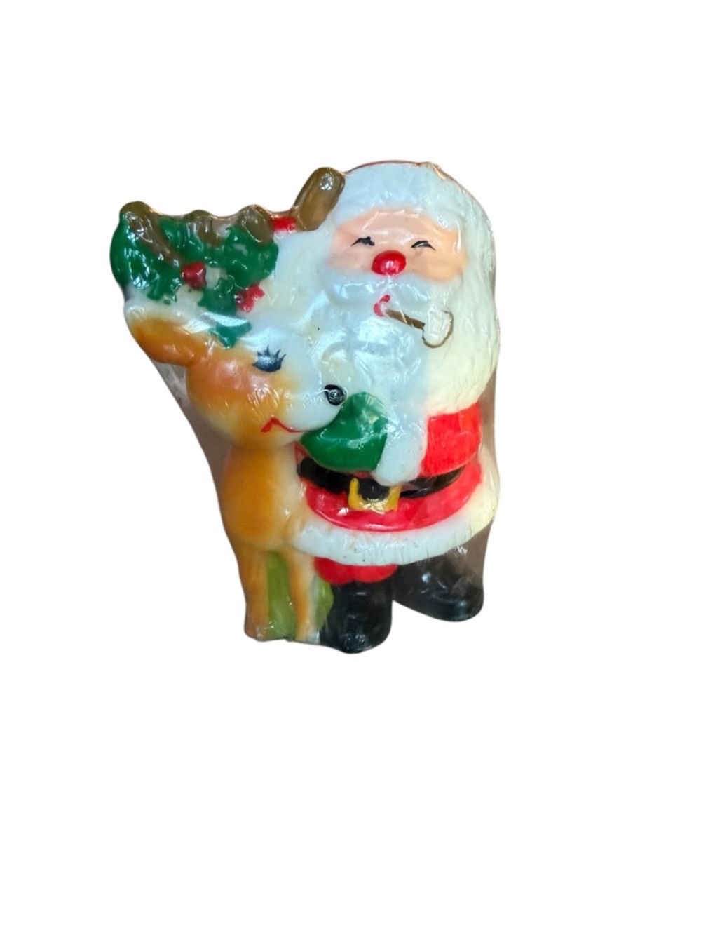 Deadstock 1970s Santa & Reindeer (In Original Shrink Wrap) 5” Tall Candle